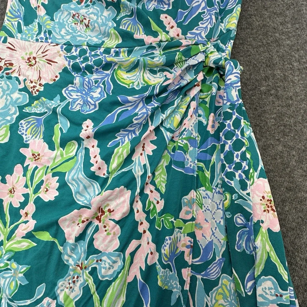 Lilly Pulitzer Wrap Dress Medium Floral Teal Pink‎ Cap Sleeve Stretch - Picture 7 of 9